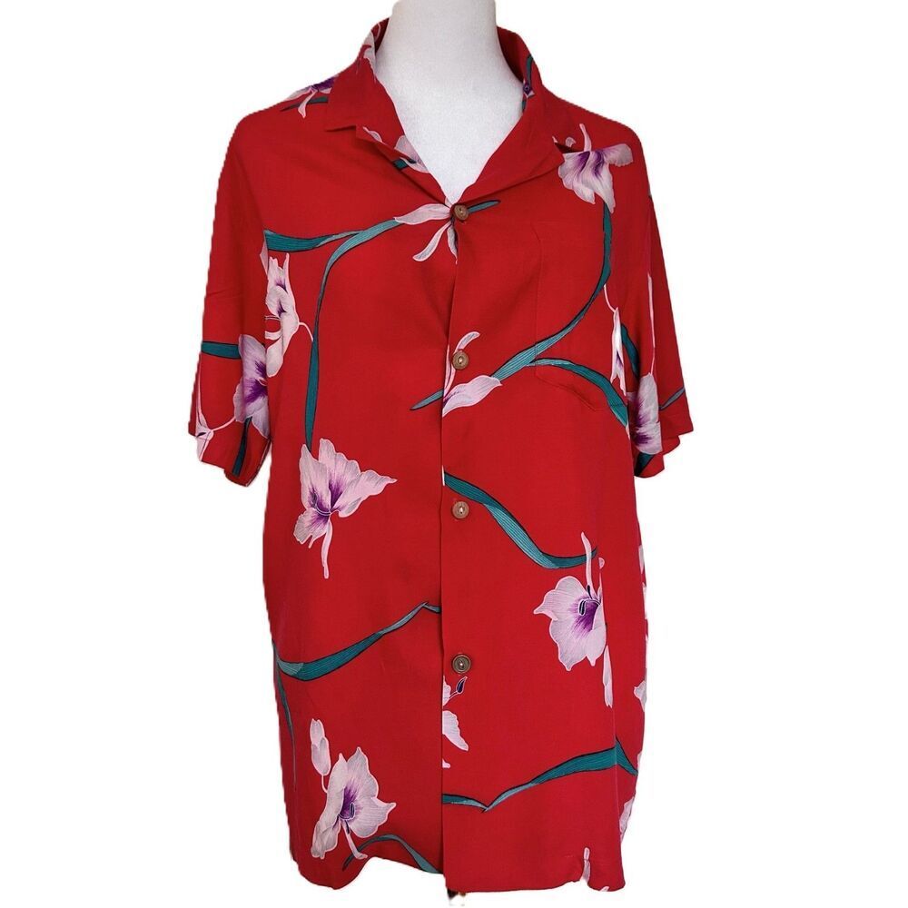 Vintage Hawaiian Shirt 1970s Red White Floral Genuine Made in Hawaii Size Medium